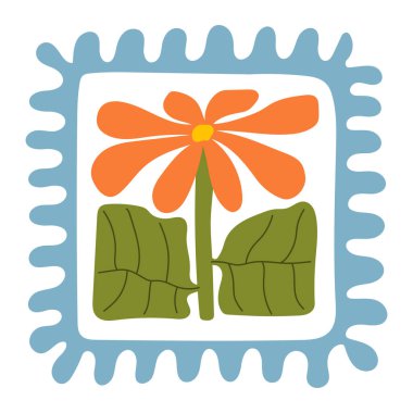 Noktalı yeşil kare çerçeveli pembe ve mavi çiçek yapraklarıyla soyut renkli çiçek deseni. El yapımı modern botanik tasarımı. Tekstil, el sanatları, dijital sanat ve dekoratif projeler için harika..