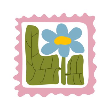 Mavi ve turuncu çiçek yaprakları ve yeşil yapraklı soyut renkli çiçek tasarımı. El yapımı modern botanik kompozisyonu. Tekstil, el sanatları, dijital sanat, duvar dekorasyonu ve baskı projeleri için mükemmel.