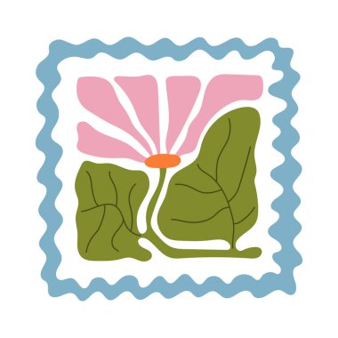 Noktalı yeşil kare çerçeveli pembe ve mavi çiçek yapraklarıyla soyut renkli çiçek deseni. El yapımı modern botanik tasarımı. Tekstil, el sanatları, dijital sanat ve dekoratif projeler için harika..