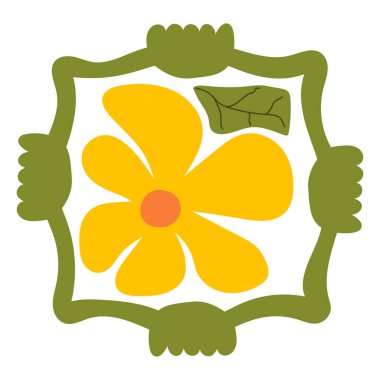 Modern el çizimi tarzında turuncu merkezli soyut sarı çiçek. Basit taç yapraklarıyla kalın çiçek kompozisyonu. Tekstil, el sanatları, dijital sanat, duvar dekorasyonu, baskı ve yaratıcı projeler için mükemmel.