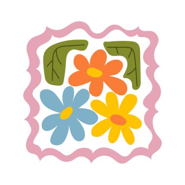 Mavi ve turuncu çiçek yaprakları ve yeşil yapraklı soyut renkli çiçek tasarımı. El yapımı modern botanik kompozisyonu. Tekstil, el sanatları, dijital sanat, duvar dekorasyonu ve baskı projeleri için mükemmel.