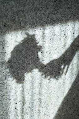 Gri duvardaki gölgenin dikey fotoğrafı gelinin elinde iki eliyle bir düğün buketi tutarken çekilmiş.