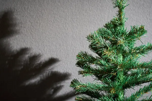 Árvore Natal Contra Uma Parede Cinza Com Sombra Lado Direito — Fotografia de Stock