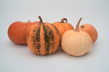 Beyaz arka planda beş büyük turuncu Cadılar Bayramı kabağı