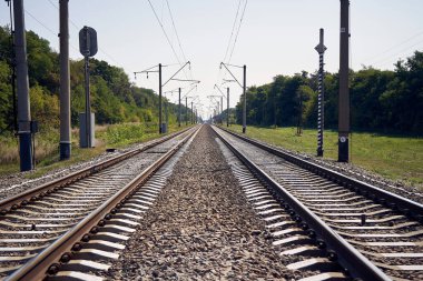 Yazın uzaktaki bir demiryolu tuvalinin fotoğrafı.