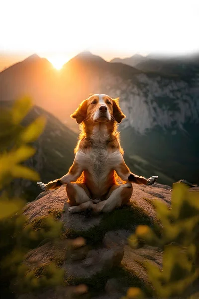 Dog Doing Yoga Mountain Generative Illustration — Stock Photo, Image