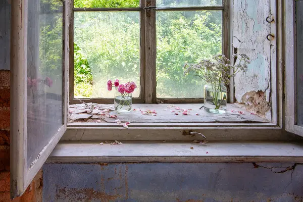 stock image old double window - open from inside, flower decoration by the broken window