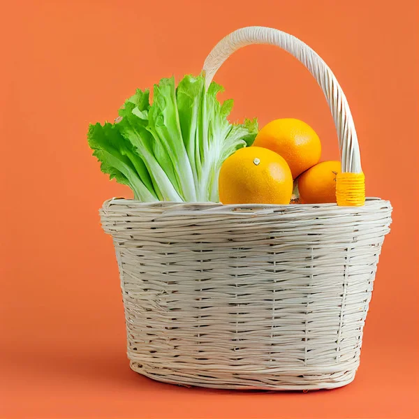 3d design minimalist style of a basket shop with oranges and lettuce