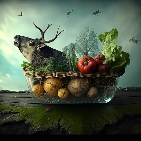 3d design surrealist box with vegetables and animal