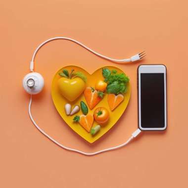 Minimalist, yemek minimalist geçmişi ve akıllı telefonu olan kalp şeklinde tabaklar.