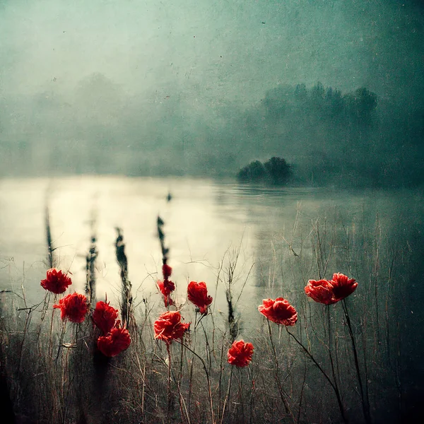 Rode Bloemen Het Meer Met Mist Oude Stijl — Stockfoto