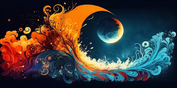 Wallpaper with the wave and full moon, illustrated and imagine style