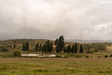 Kolombiya 'nın yeşil vadisi etrafındaki ağaçlarla dolu doğal bir göl bulutlu.