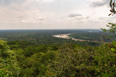 Kolombiya Amazon bölgesindeki nehrin manzarası tepeden, bulutlu nehirden
