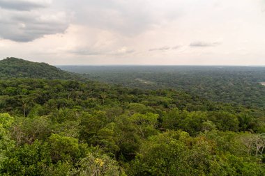 Kolombiya Amazon bölgesindeki nehrin manzarası tepeden, bulutlu nehirden