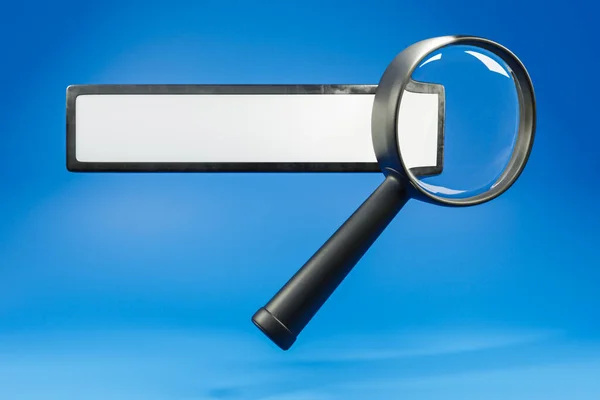 empty search bar large magnifying glass on clean blue background, copy space; 3D Illustration