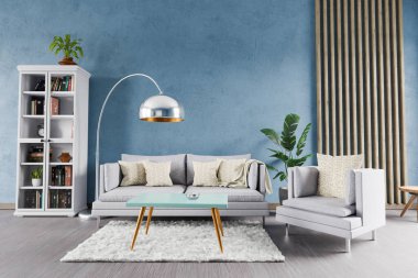 Minimalist modern zarif oturma odası mavi duvar, raf ve beyaz halı önündeki tek tip kanepe; kopyalama alanı; 3D İllüstrasyon