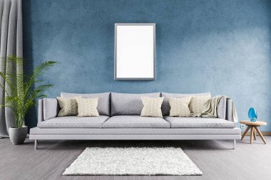 Minimalist modern zarif oturma odası mavi duvar, raf ve beyaz halı önündeki tek tip kanepe; kopyalama alanı ve boş tuval; 3D İllüstrasyon