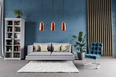 Minimalist modern zarif oturma odası mavi duvar, raf ve beyaz halı önündeki tek tip kanepe; kopyalama alanı; 3D İllüstrasyon