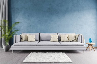 Minimalist modern zarif oturma odası mavi duvar, raf ve beyaz halı önündeki tek tip kanepe; kopyalama alanı ve boş tuval; 3D İllüstrasyon
