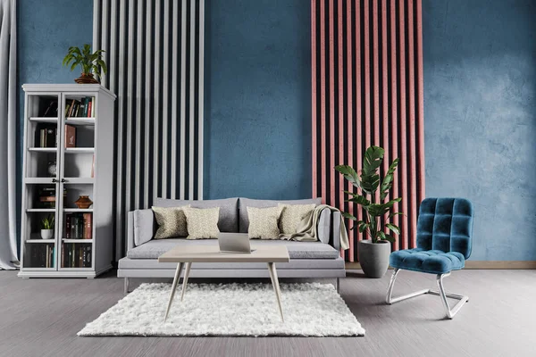 Minimalist modern zarif oturma odası mavi duvar, raf ve beyaz halı önündeki tek tip kanepe; kopyalama alanı; 3D İllüstrasyon
