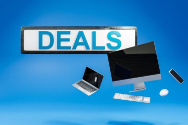 floating search box with deals office computer and electronic offer discount; blue background;  online ecommerce concept; 3D Illustration
