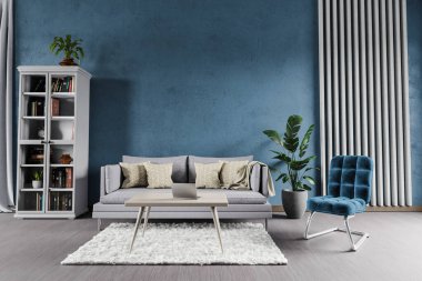 Minimalist modern zarif oturma odası mavi duvar, raf ve beyaz halı önündeki tek tip kanepe; kopyalama alanı; 3D İllüstrasyon