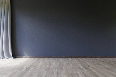 empty dark blue wall frontal modern light-flooded room, wooden parquet floor; sunshine; 3D illustration