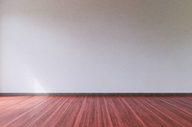empty white wall frontal modern light-flooded room, wooden parquet floor; sunshine curtain; 3D illustration