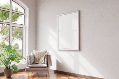 mock up poster frames in modern home interior wooden parquet floor and single design chair in front of large window; 3D Illustration