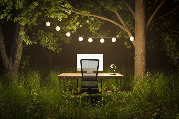 lonely pc workplace dark foggy jungle forest under chain of lights; work and travel remote work and digital nomad concept; 3D illustration