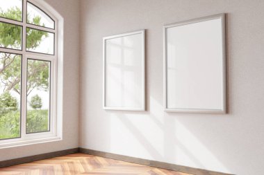 mock up poster frames in modern home interior wooden parquet floor and single design chair in front of large window; 3D Illustration