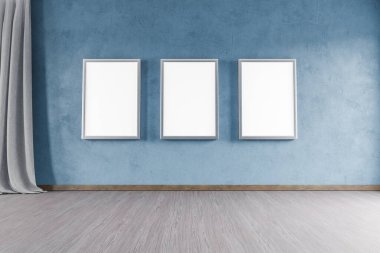 mock up three poster frames modern blue petrol colored home interior with wooden parquet floor; 3D Illustration