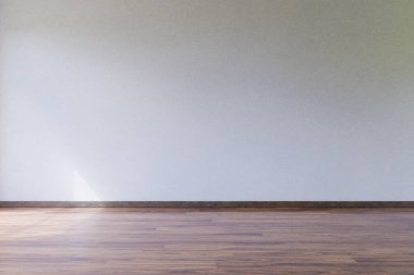 empty white wall frontal modern light-flooded room, wooden parquet floor; sunshine curtain; 3D illustration