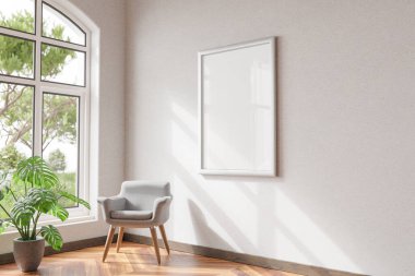 mock up poster frames in modern home interior wooden parquet floor and single design chair in front of large window; 3D Illustration