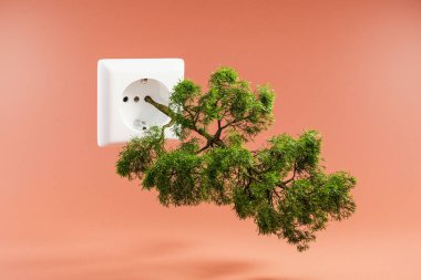 large tree growing out of single white power socket floating in the air infinite orange colored background; concept renewable energy and sustainability; 3D Illustration