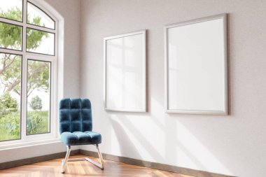 mock up poster frames in modern home interior wooden parquet floor and single design chair in front of large window; 3D Illustration
