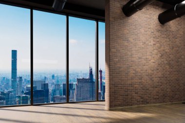 large urban skyline loft office with red brickstone wall and white canvas mock up; cozy vintage interior modern workspace at bright sunlight; copy space in front of panoramic window skyline view, 3D Illustration