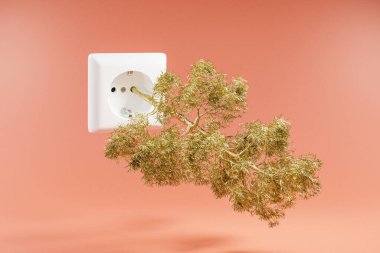 large tree growing out of single white power socket floating in the air infinite orange colored background; concept renewable energy and sustainability; 3D Illustration