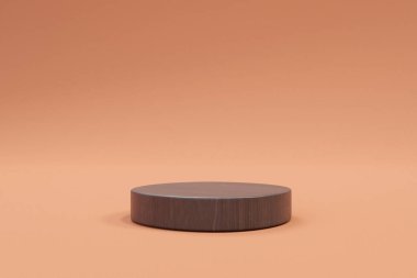 3D display podium pastel orange background. Nature wooden minimal pedestal beauty, cosmetic product presentation. copy space template, 3D Illustration