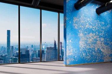 large urban skyline loft office blue wall;  copy space in front of panoramic window view, 3D Illustration