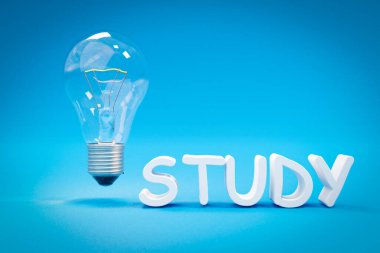 single glass lightbulb filament wire floating in the air over infinite blue background; white lettering study; 3D Illustration