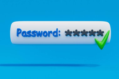 stylized 3D password form web browser login floating over blue infinite Background; green checkmark secure password and protection concept; 3D Illustration