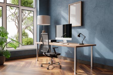 comfortable workplace pc standing on wooden desk in office at home; bright sunlight shines from side through large window; wall; with canvas copy space;  remote work freelance concept; 3D Illustration
