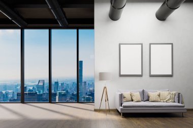 large urban skyline loft office white wall canvas and cozy vintage couch; copy spacepanoramic window skyline view, 3D Illustration