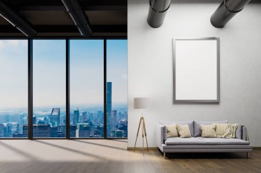 large urban skyline loft office white wall canvas and cozy vintage couch; copy spacepanoramic window skyline view, 3D Illustration