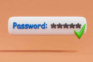 stylized 3D password form web browser login floating over orange infinite Background; green checkmark secure password and protection concept; 3D Illustration