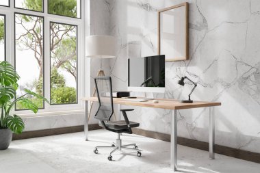 comfortable workplace pc standing on wooden desk in office at home; bright sunlight shines from side through large window; wall; with canvas copy space;  remote work freelance concept; 3D Illustration