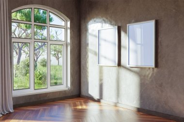 empty canvas poster mock up hanging on wall; empty living room interior; bright daylight shining through a large window; home decoration desing; 3D Illustration