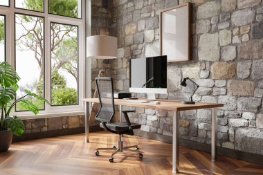 comfortable workplace pc standing on wooden desk in office at home; bright sunlight shines from side through large window; wall; with canvas copy space;  remote work freelance concept; 3D Illustration